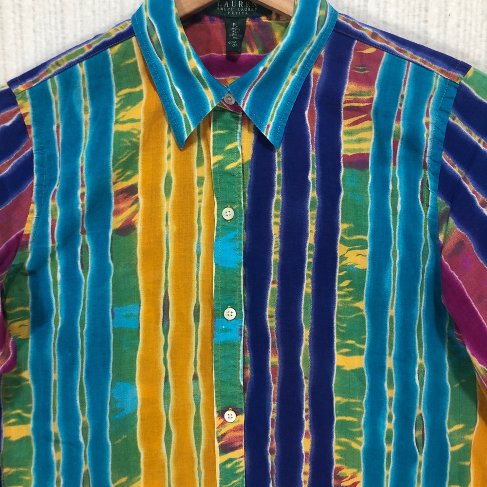 Lauren Ralph Lauren Petite Multi Color‎ Tie Dye Stripe Cotton Button Down PL